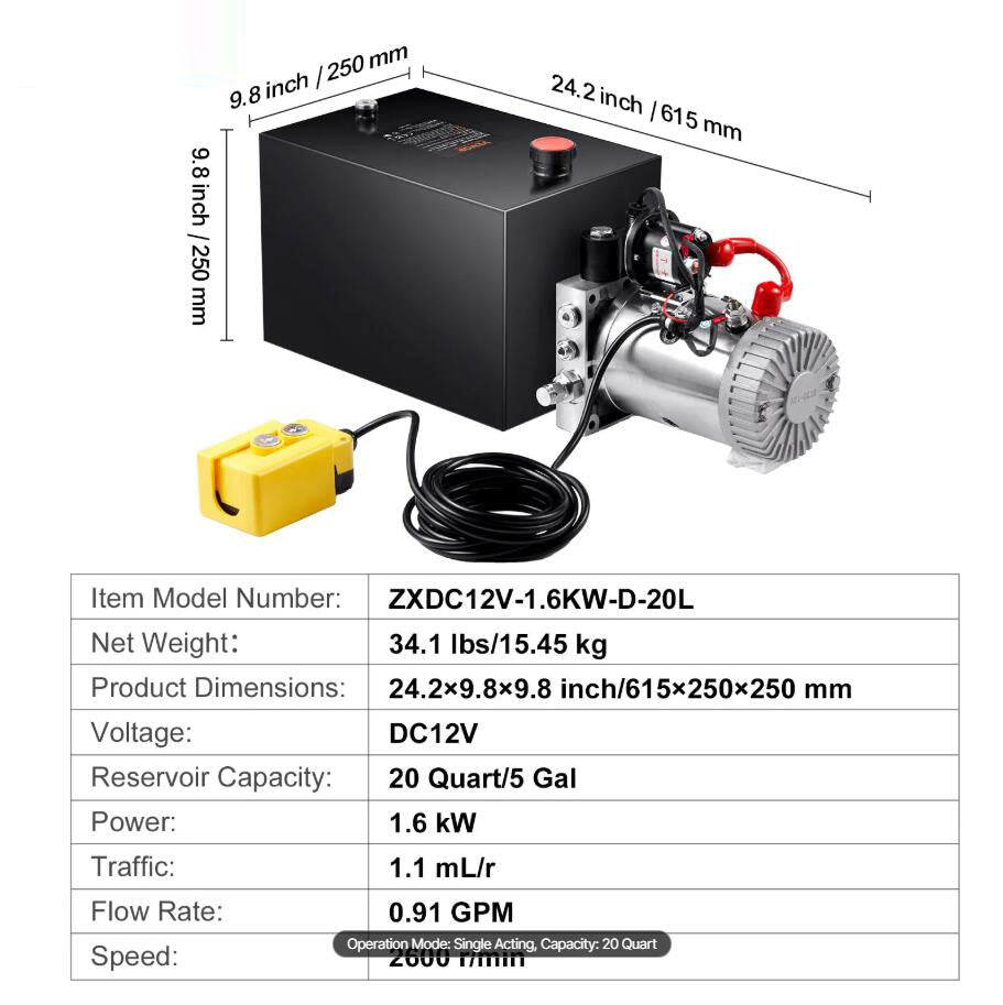 3200 PSI  20 Quart Hydraulic Pump Power Unit Single Acting Dump Trailer Pump Heavy Duty