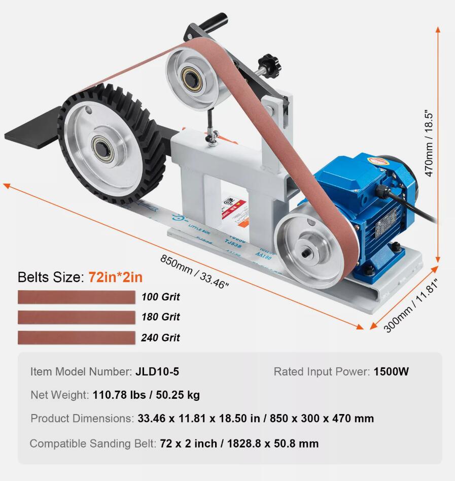 Powerful 1500W Belt Grinder Sander 72 x 2-Inch Variable Speed with VFD 3 Grinding Moulds