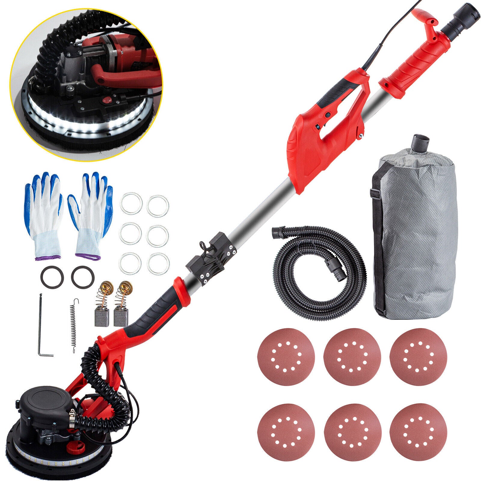 6-Speed 750W Electric Drywall Sander With Strip Light Vacuum Bag