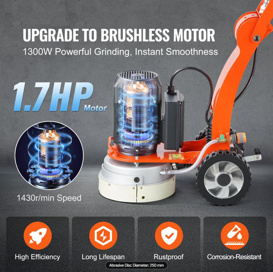 2200W 1430RPM Upgrade Brushless Concrete Floor Grinder 10" 3.0HP Grinding Polisher