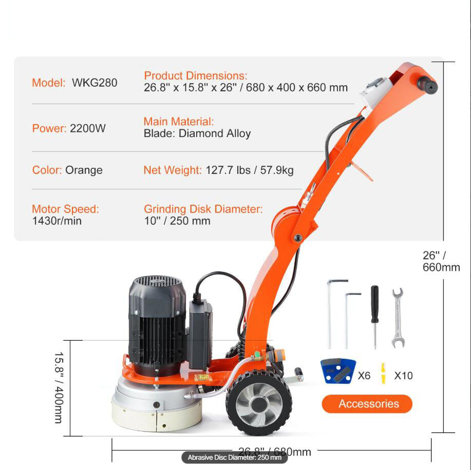 2200W 1430RPM Upgrade Brushless Concrete Floor Grinder 10" 3.0HP Grinding Polisher
