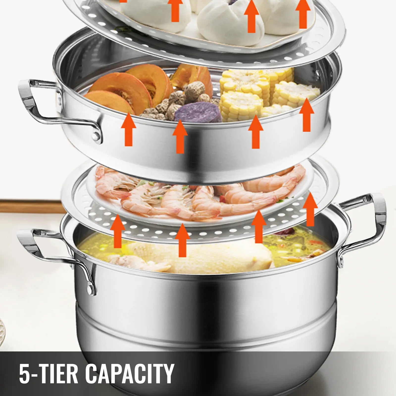 Heavy-Duty Stainless Steel 5-Tier Food Steamer Pot 30cm Cooking Food Stock Cookware