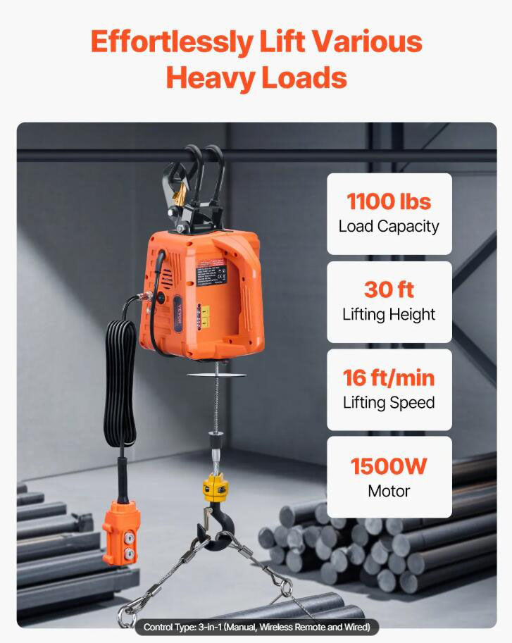Upgraded Powerful 3-in-1 Portable Electric Hoist Winch 1100LBS Wired/Wireless Remote Control