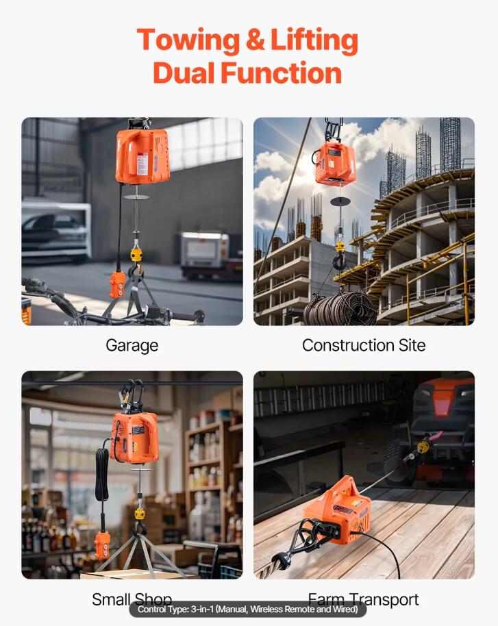 Upgraded Powerful 3-in-1 Portable Electric Hoist Winch 1100LBS Wired/Wireless Remote Control