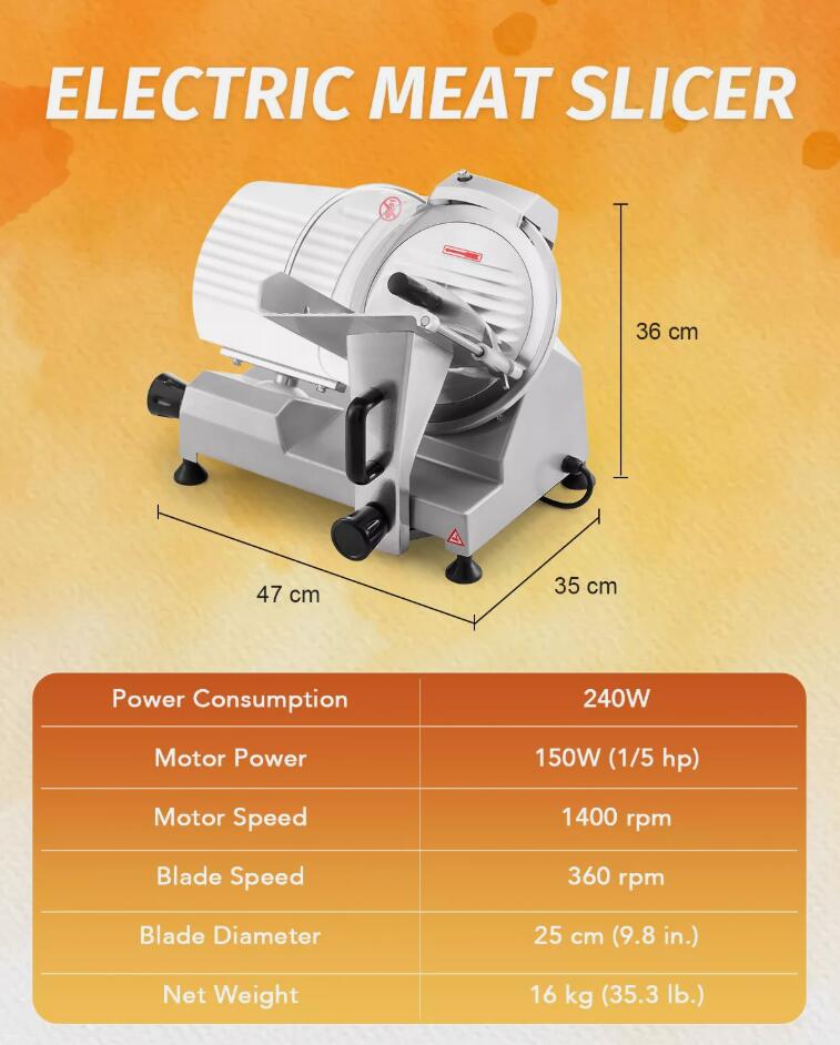 240W Commercial Meat Slicer 10" 250mm Electric Deli Food Cheese Cutter Processor