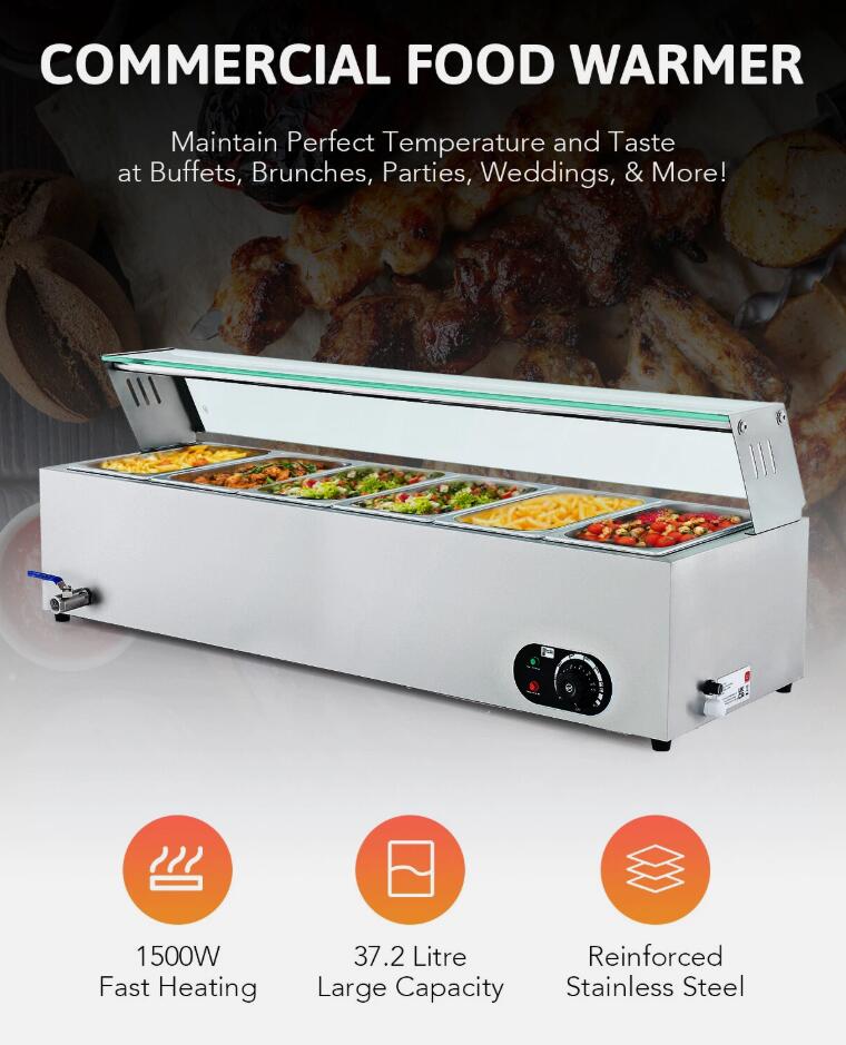 6 Pan 1500W Stainless Steel Electric Food Warmer 37L Buffet Server Bain Marie With Shelf