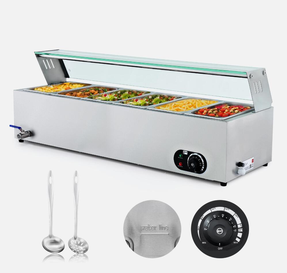 6 Pan 1500W Stainless Steel Electric Food Warmer 37L Buffet Server Bain Marie With Shelf