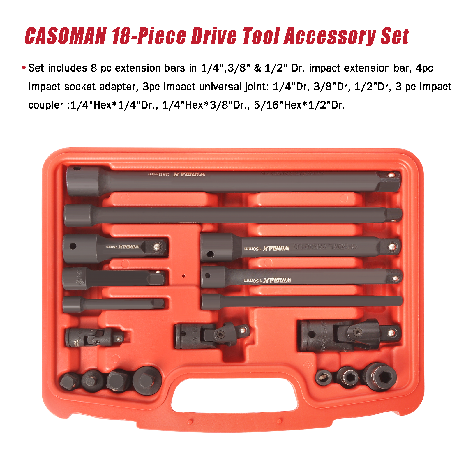 18Pcs 1/2 Inch Drive Impact Extension Bar Set