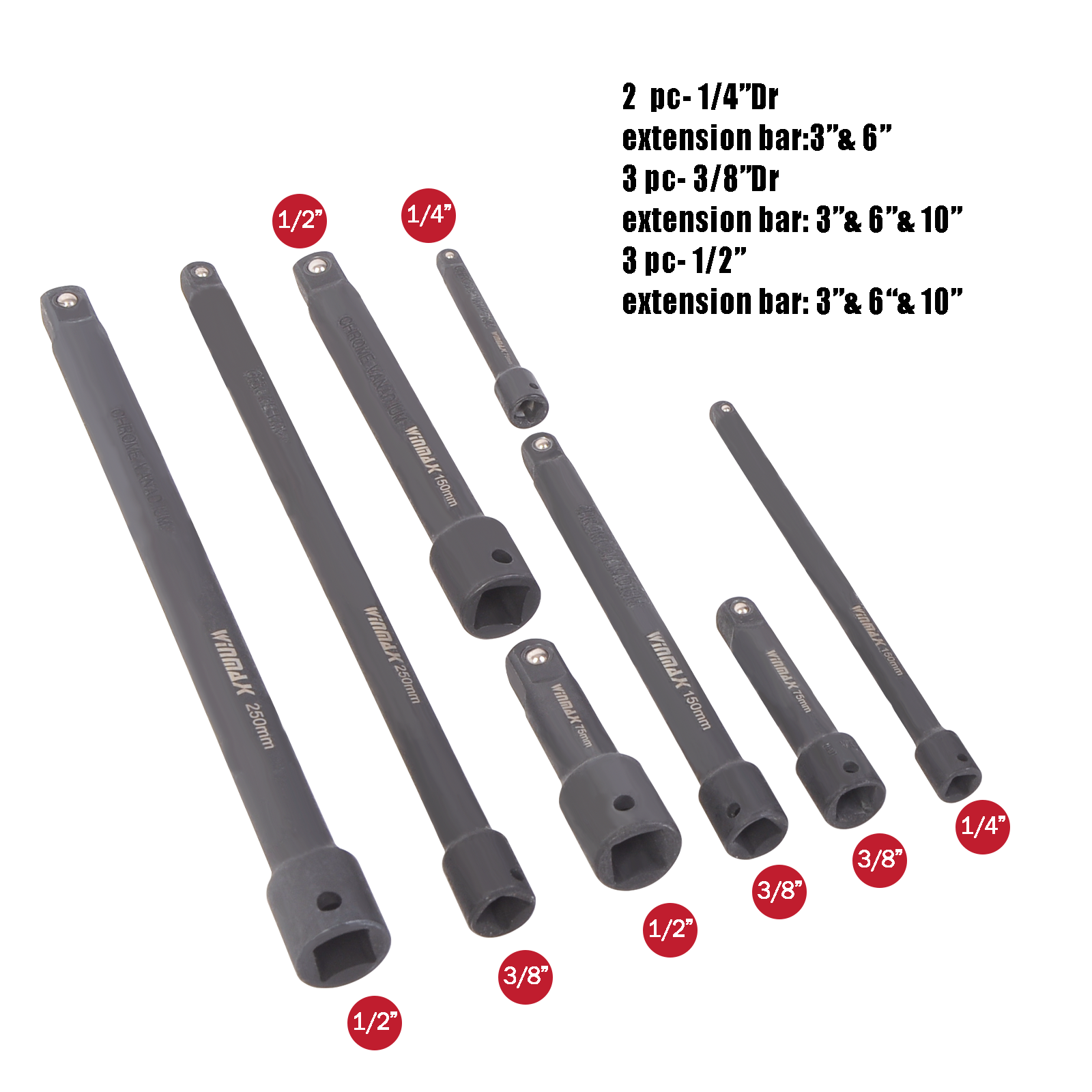 18Pcs 1/2 Inch Drive Impact Extension Bar Set