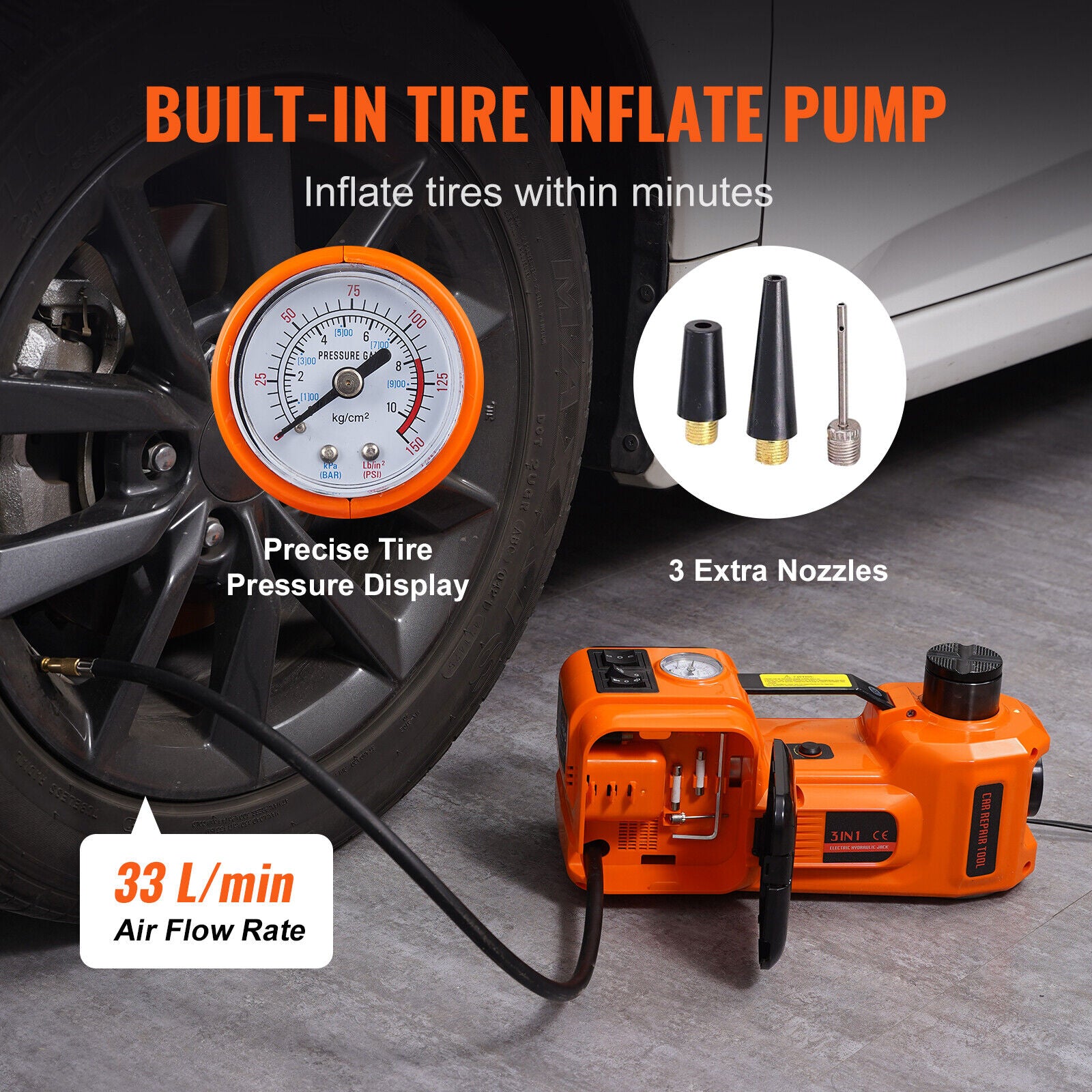 5 Ton 12V  Electric Hydraulic Car Floor Jack with Built-in Tire Inflator Pump