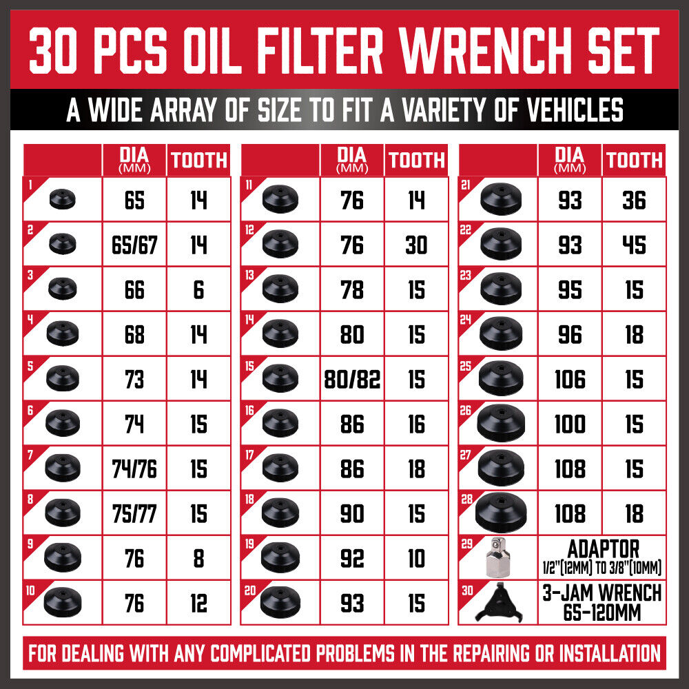 30Pcs Oil Filter Wrench Cup Set Oil Filter Socket Set