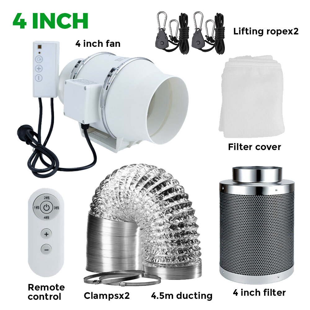 4" Grow Tent Inline Duct Fan Kit Ventilation Carbon Filter with Speed Controller