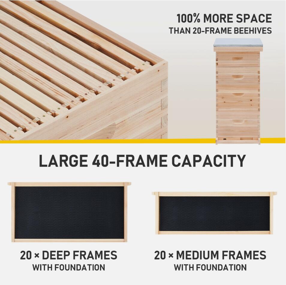 40 Frames Wooden Bee Hive Beekeeping Beehive House Honey Comb Frame Kit Garden AU