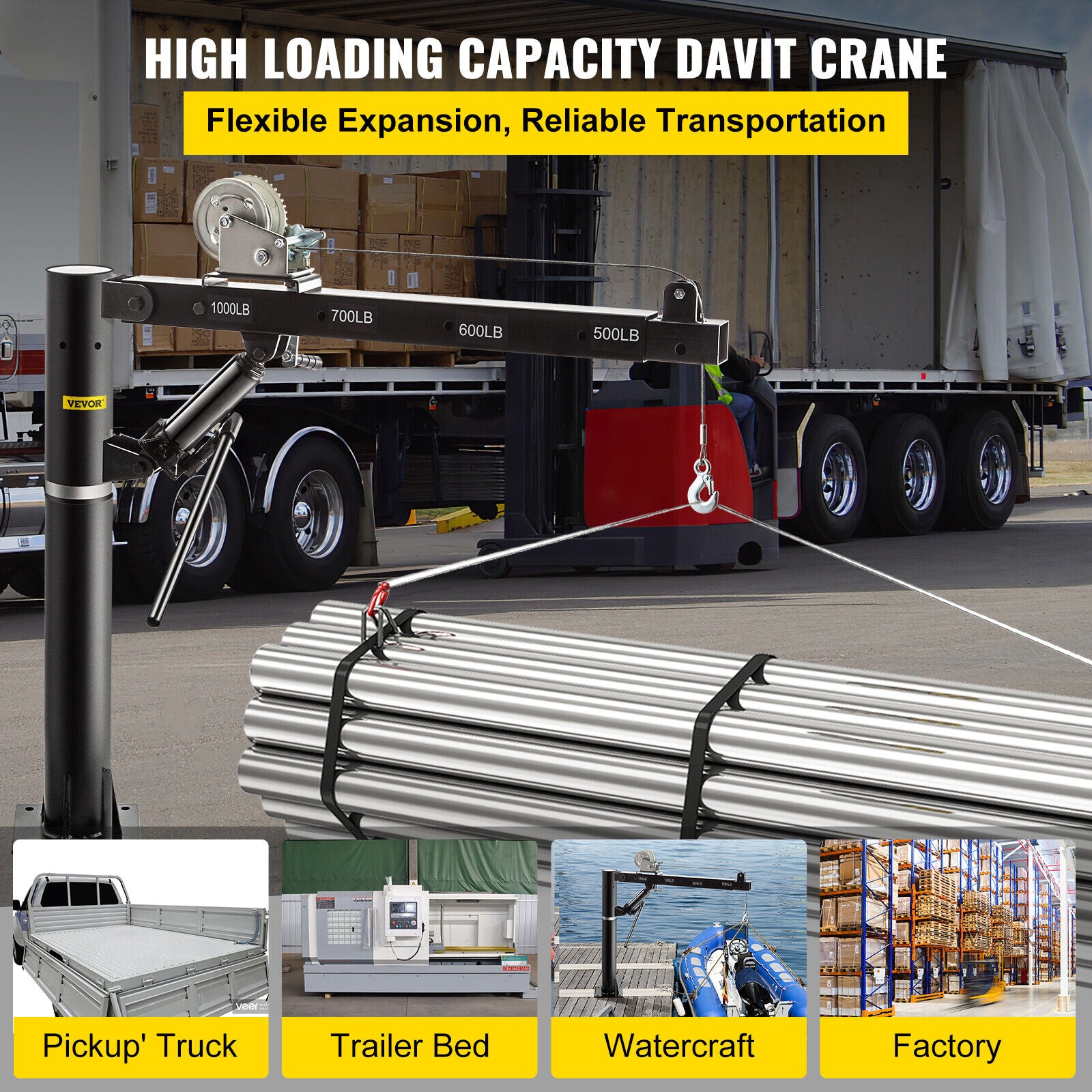 454kg Swivel Crane Truck Lift Hoist Crane Hydraulic Cable Winch Van