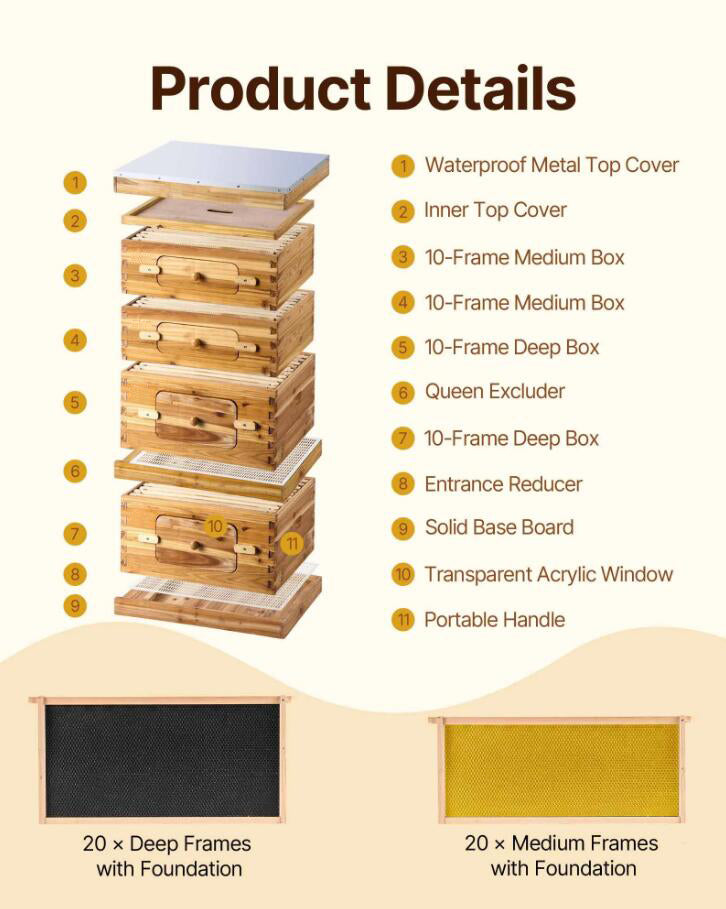 40 Frame Bee Hives Starter Kit Beeswax Coated Fir Wood Bee Boxes Langstroth Beehive Kit