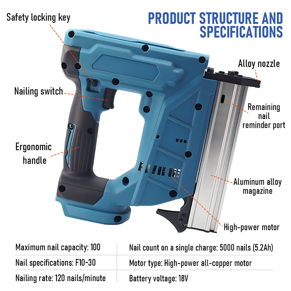 Wireless Lithium Electric Nail Gun for Woodworking For Makita 18V +5000 Nails