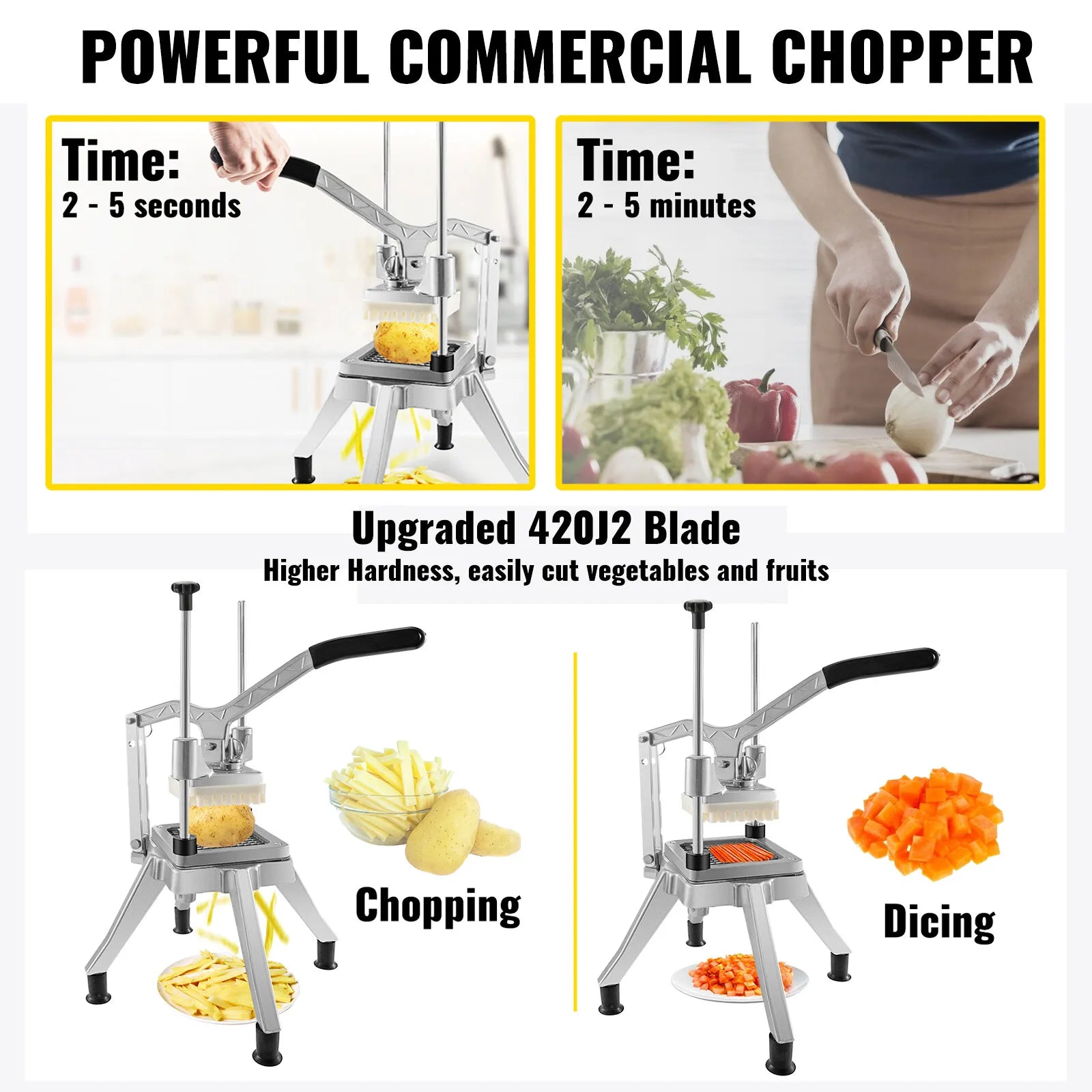 Heavy-Duty Stainless Steel Commercial Vegetable Cutter Dicer Potato Chopper Fries Slicer w/ 4 Blades