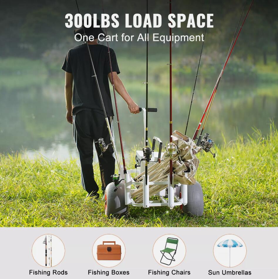 Heavy Duty 300 lbs Beach Fishing Cart Fishing Trolley with Balloon Tires for Sand AU