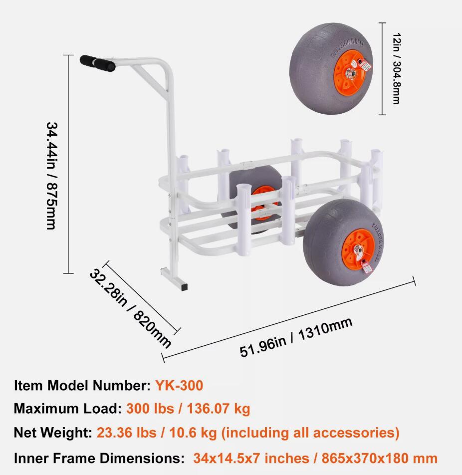 Heavy Duty 300 lbs Beach Fishing Cart Fishing Trolley with Balloon Tires for Sand AU