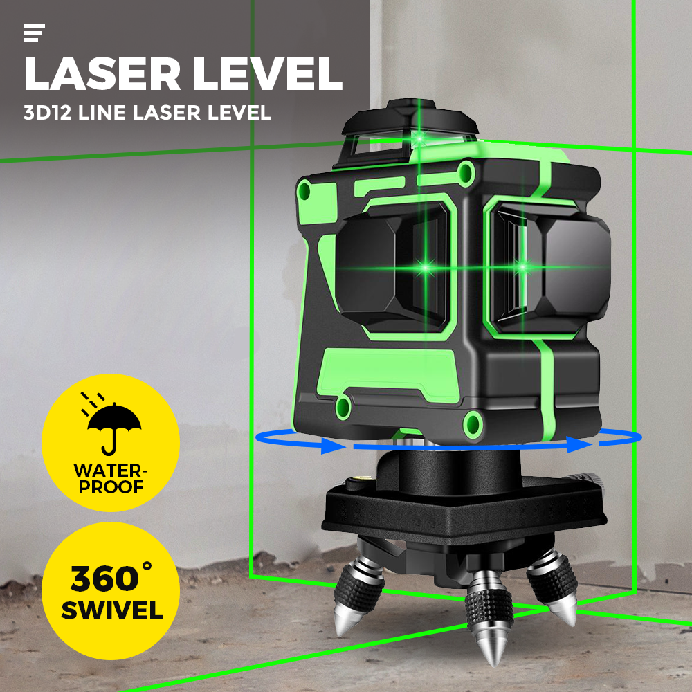 Rotating Level 360° 3D Rotary Laser Level Green Light Self Leveling 12 Line Measure ...