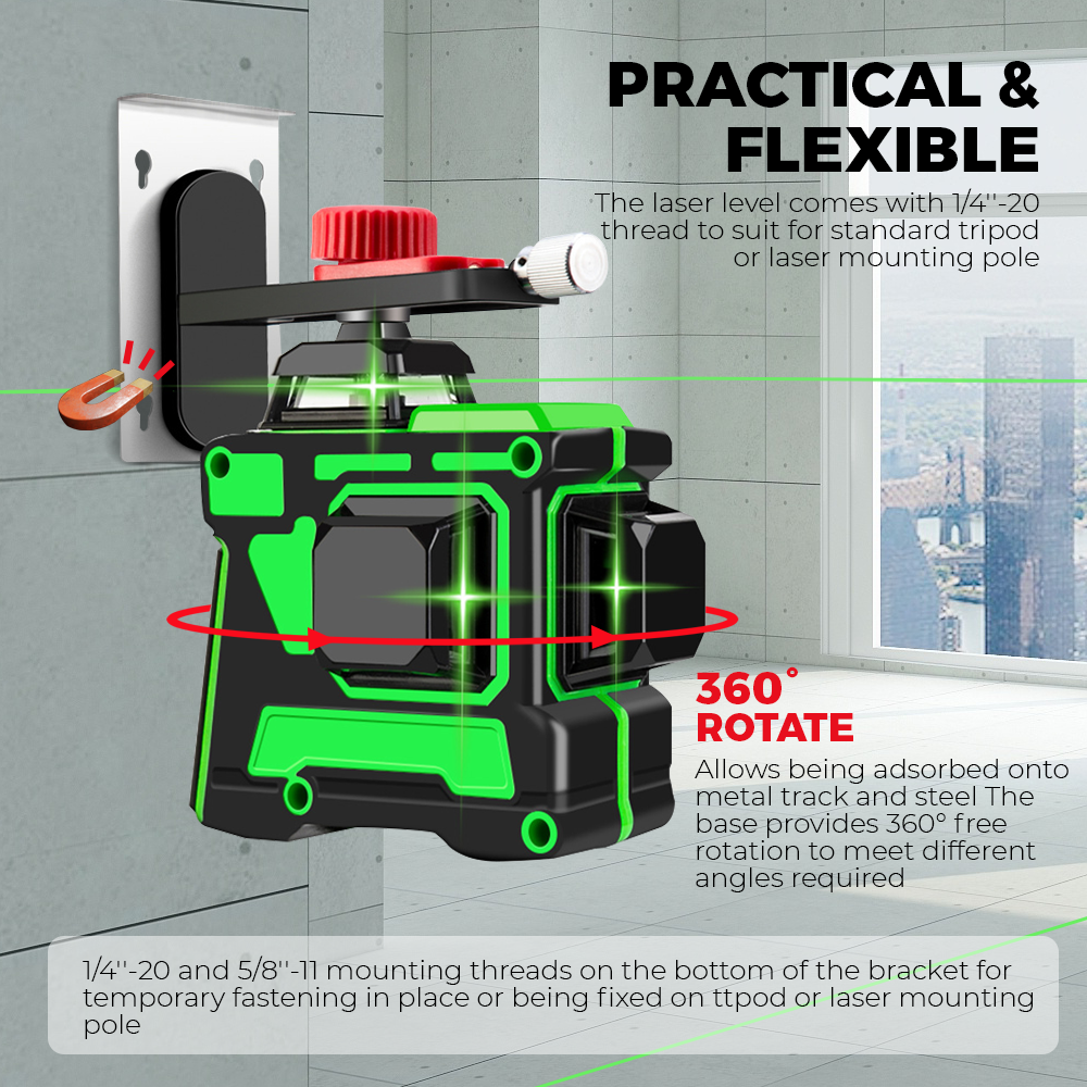 Rotating Level 360° 3D Rotary Laser Level Green Light Self Leveling 12 Line Measure ...