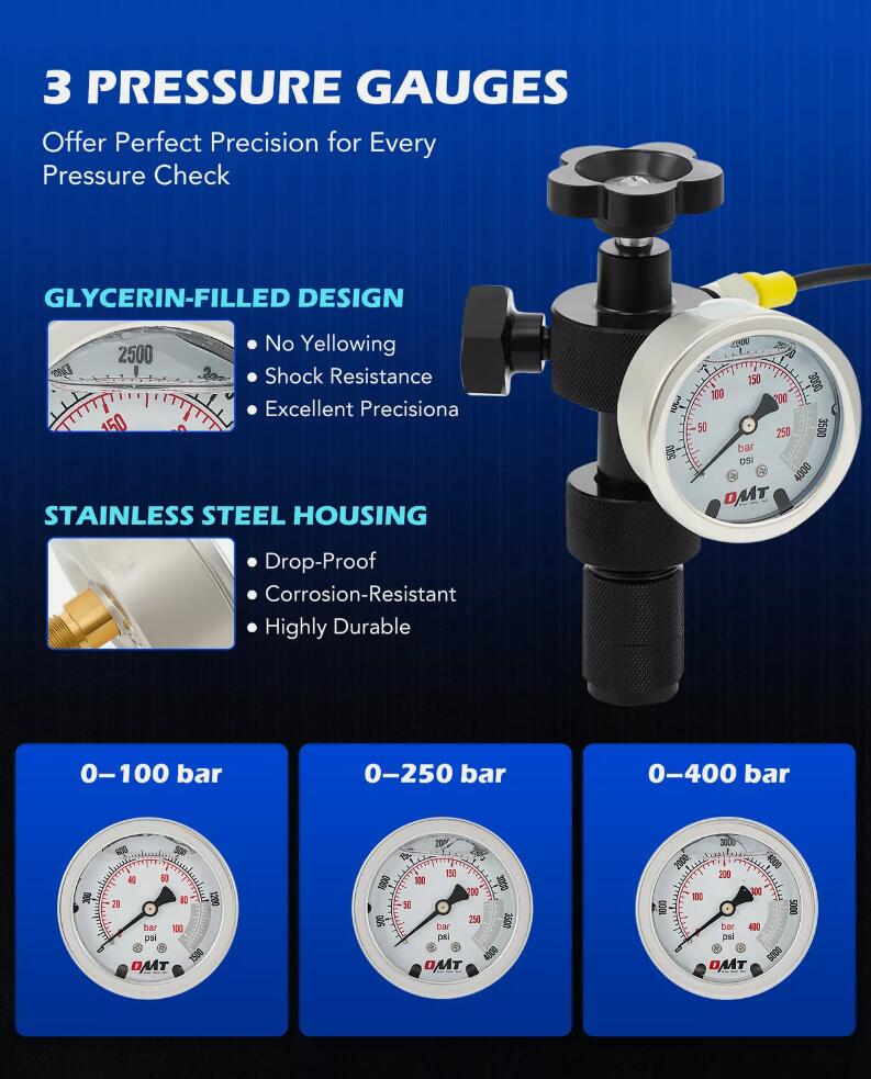 Premium Hydraulic Nitrogen Accumulator Charging Pressure Test Kit With 3 Gauge 6 Adapters