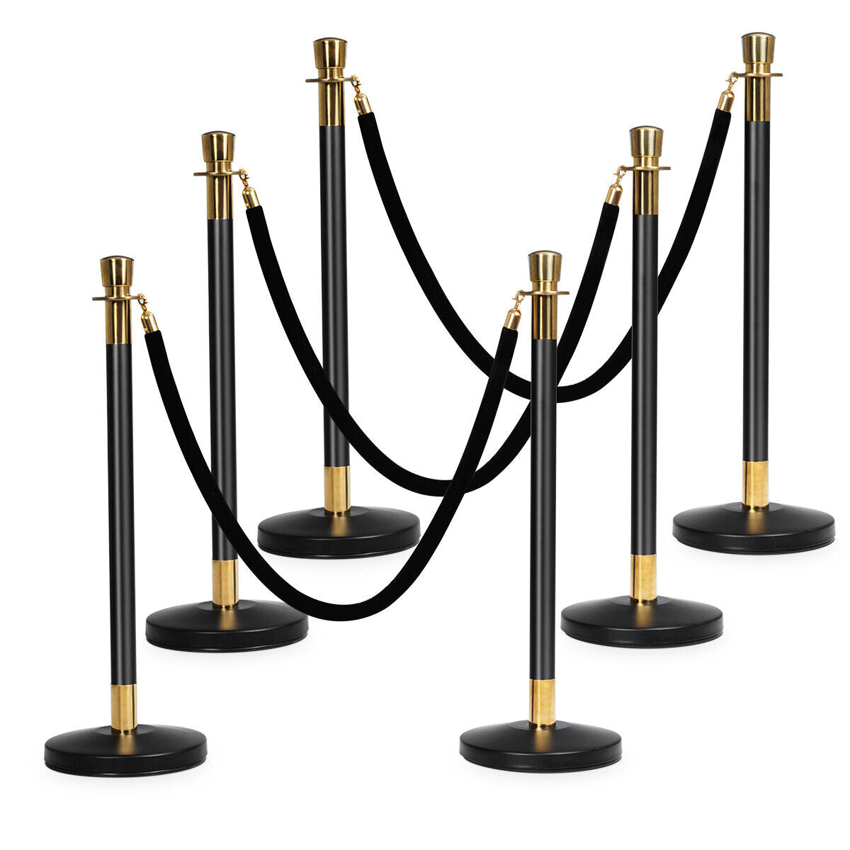 6pcs Stanchion Posts Queue Pole Retractable 3 Velvet Ropes Crowd Control Barrier