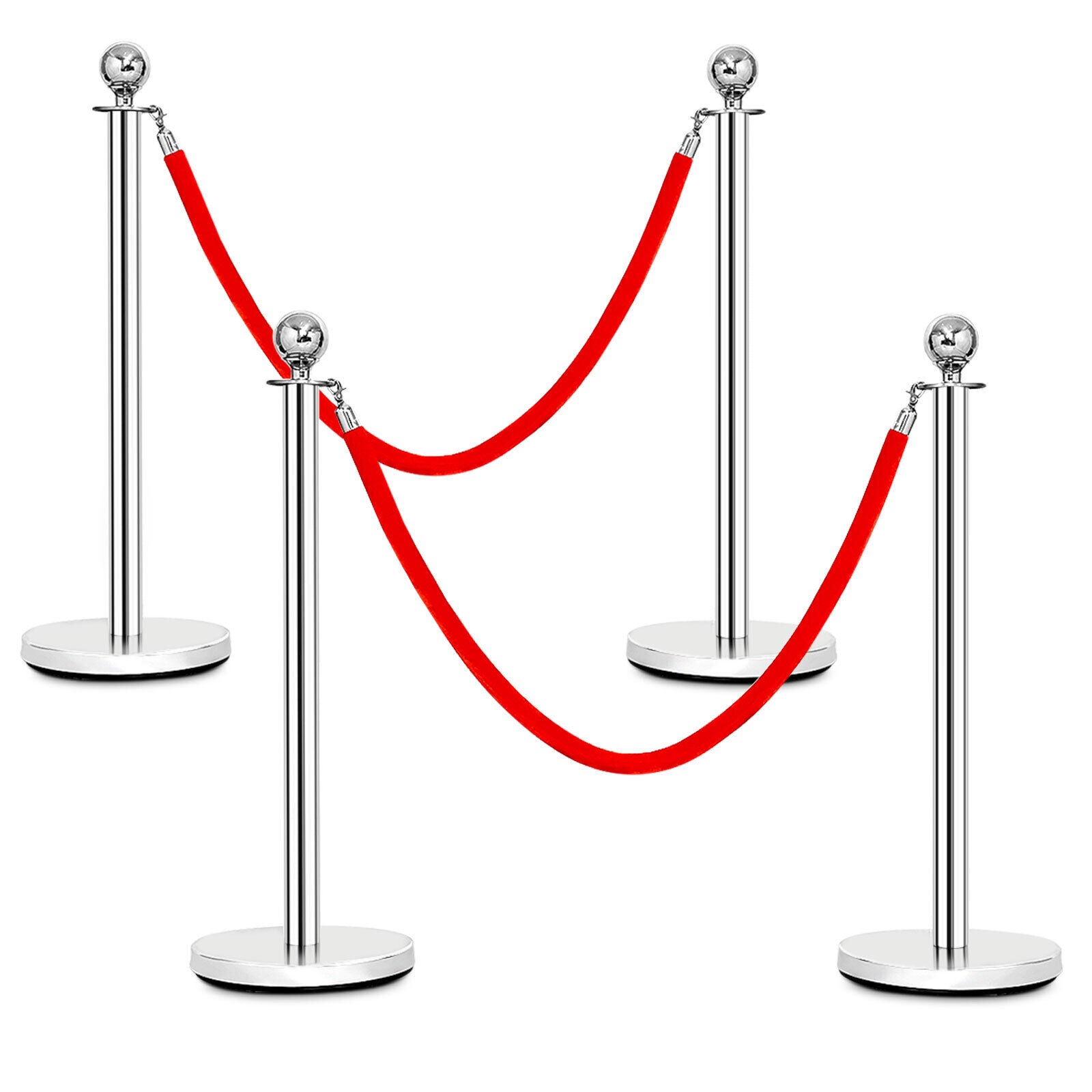 4Pcs Stainless Steel Barrier Posts with 2 Red Cords and Stands Cord for Exhibition