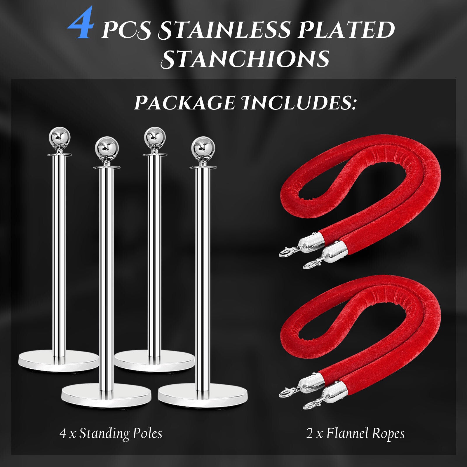 4Pcs Stainless Steel Barrier Posts with 2 Red Cords and Stands Cord for Exhibition