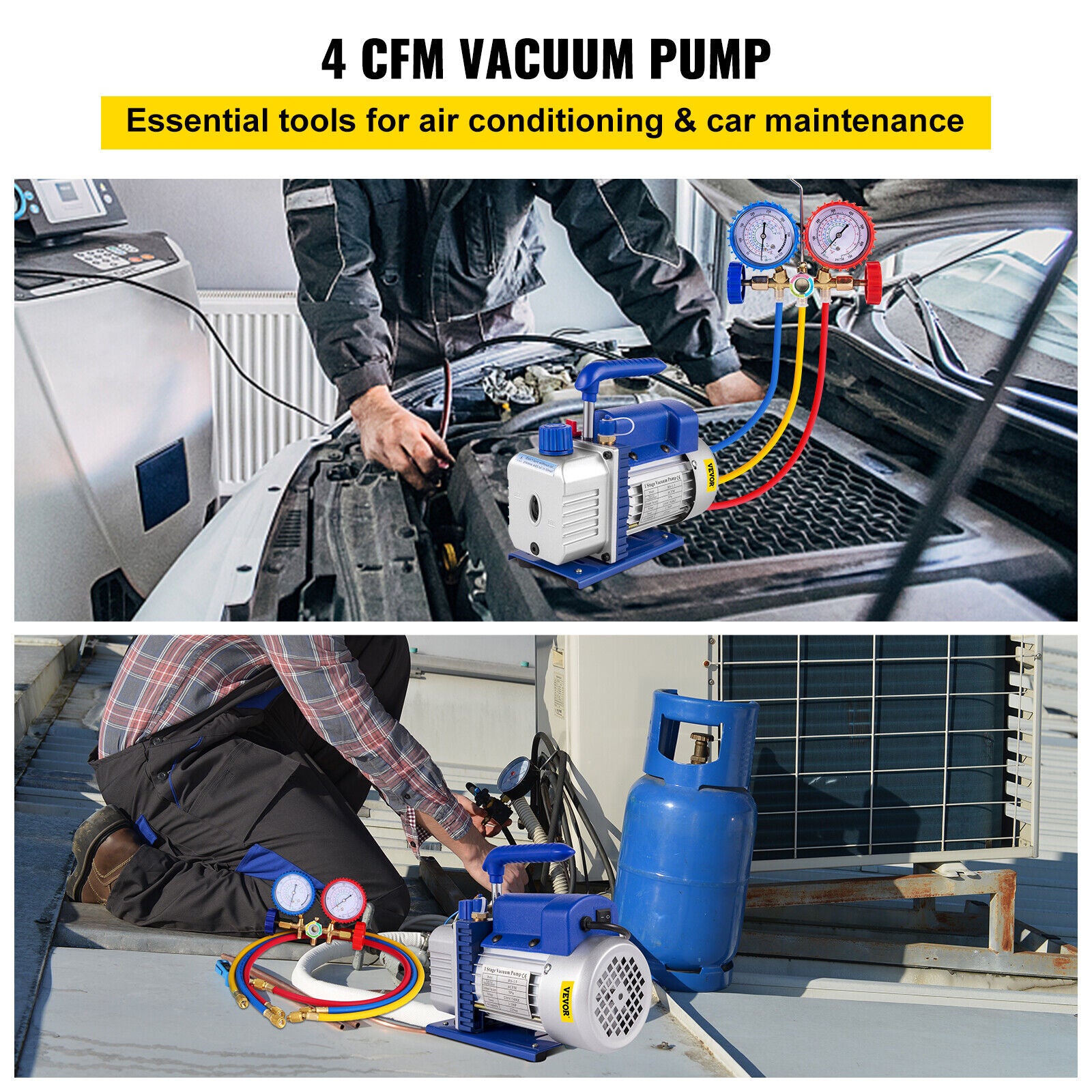 1/4HP 4CFM Vacuum Pump HVAC Refrigeration R134A Adapter Pressure Gauge A/C