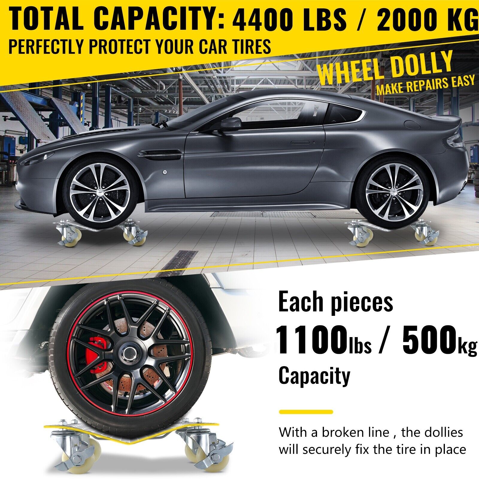 4PCS 2000 kg Car Tire Skate Wheel Dolly Vehicle Auto Repair Mover