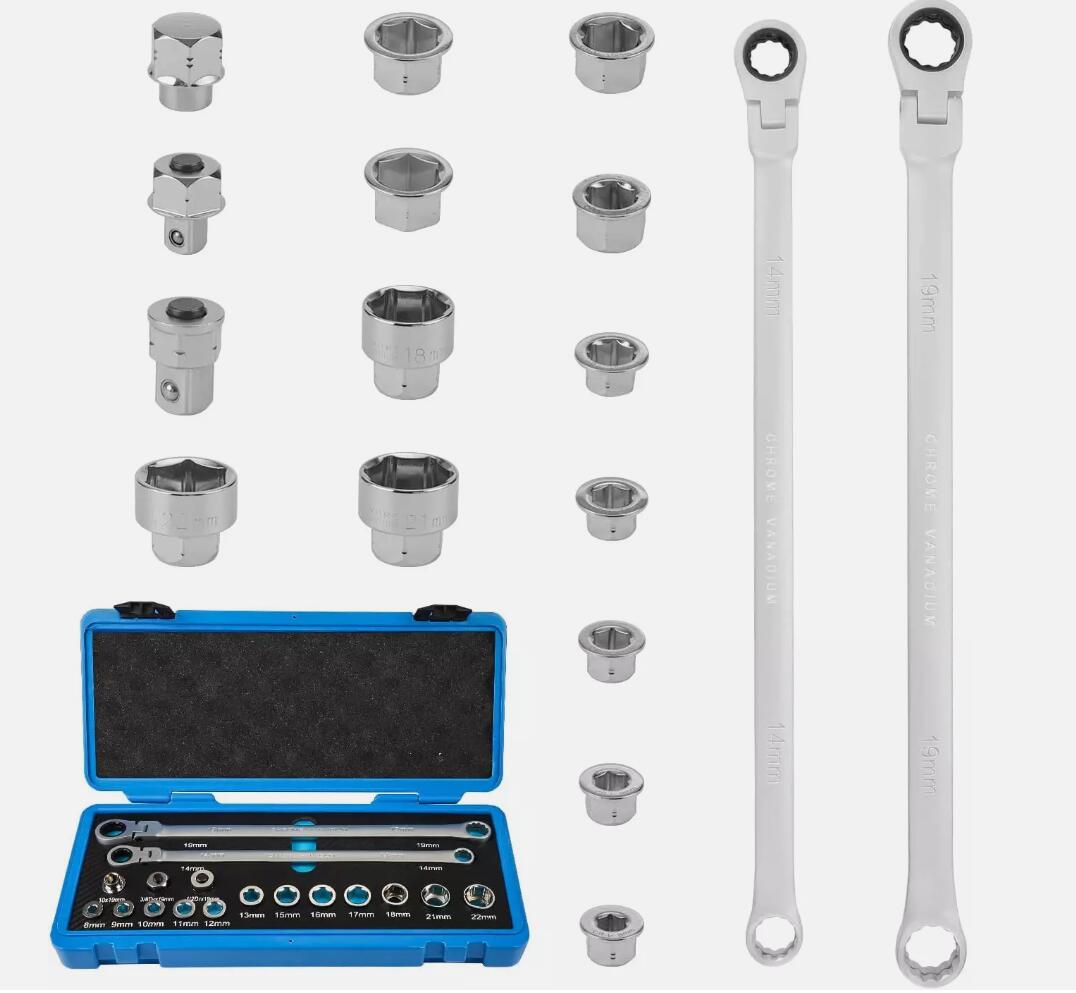 17PCS Extra Long 8-22mm Flex-Head Ratcheting Wrench Set With Metric Double Box End