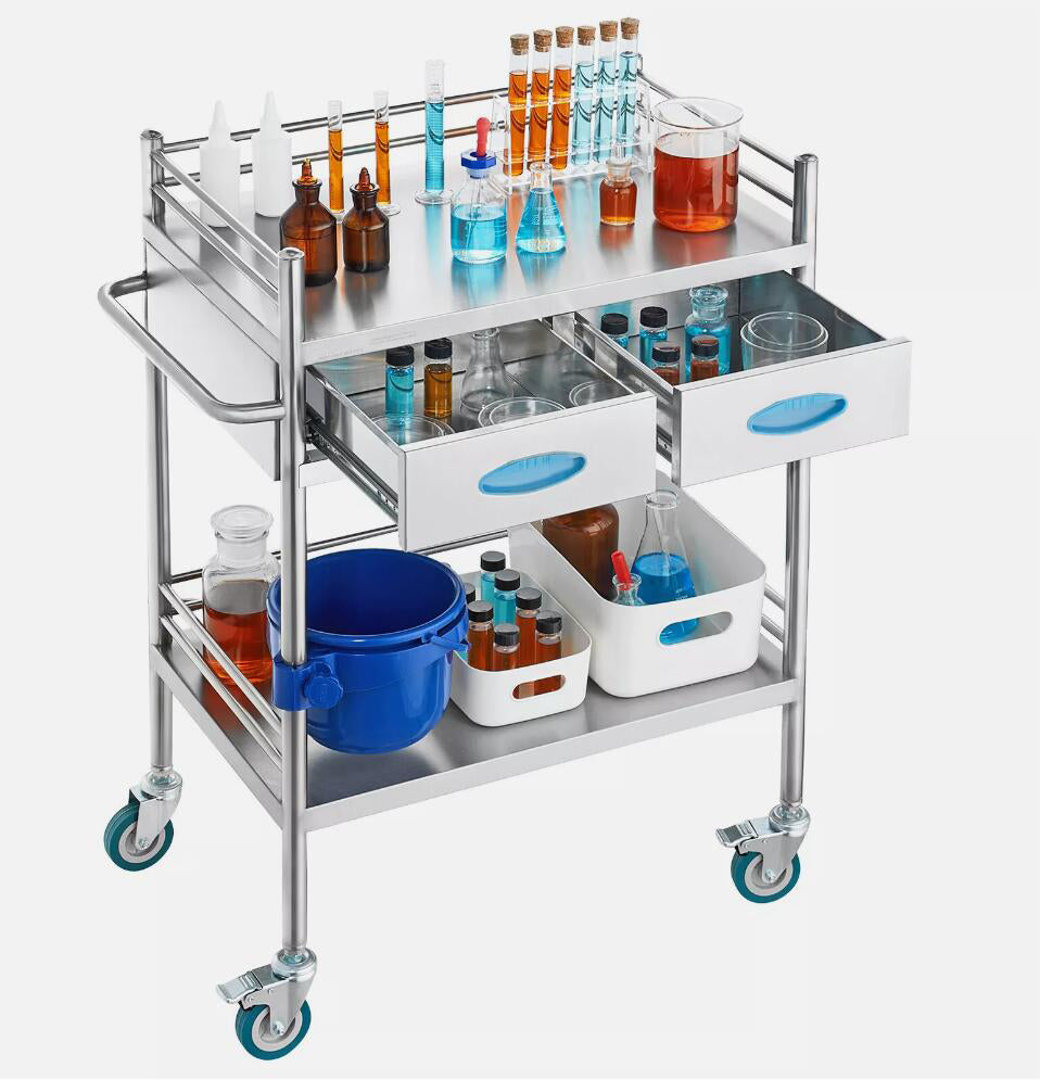 Stainless Steel Portable Medical Dental Lab Serving Cart Trolley With 2-Drawer NEW