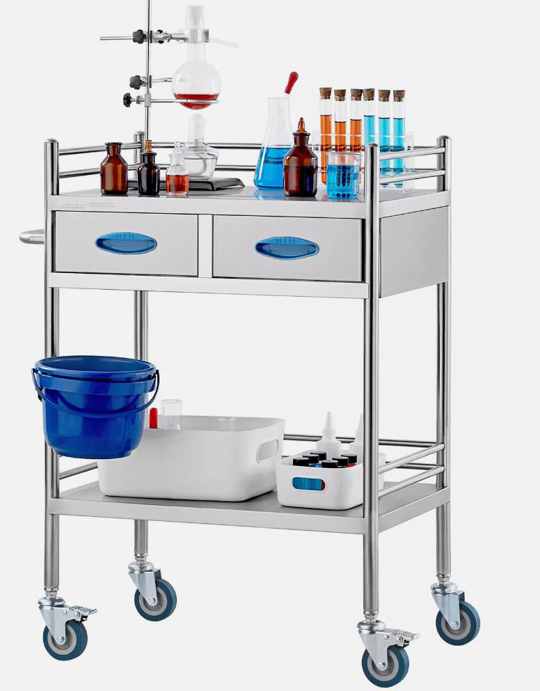 Stainless Steel Portable Medical Dental Lab Serving Cart Trolley With 2-Drawer NEW