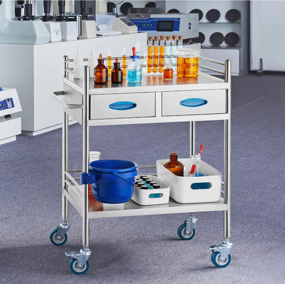 Stainless Steel Portable Medical Dental Lab Serving Cart Trolley With 2-Drawer NEW