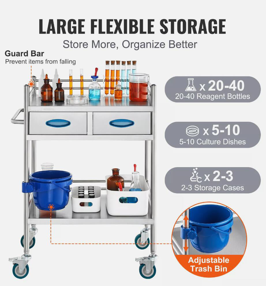 Stainless Steel Portable Medical Dental Lab Serving Cart Trolley With 2-Drawer NEW