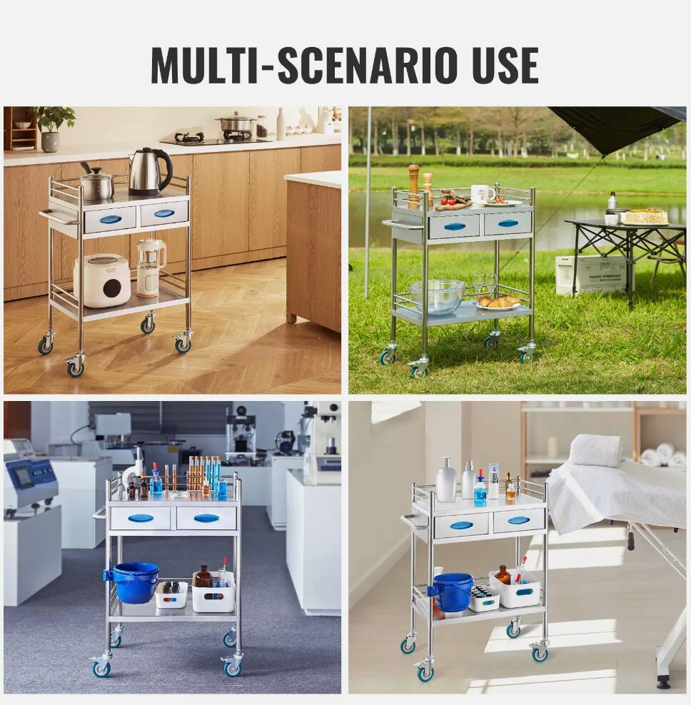 Stainless Steel Portable Medical Dental Lab Serving Cart Trolley With 2-Drawer NEW