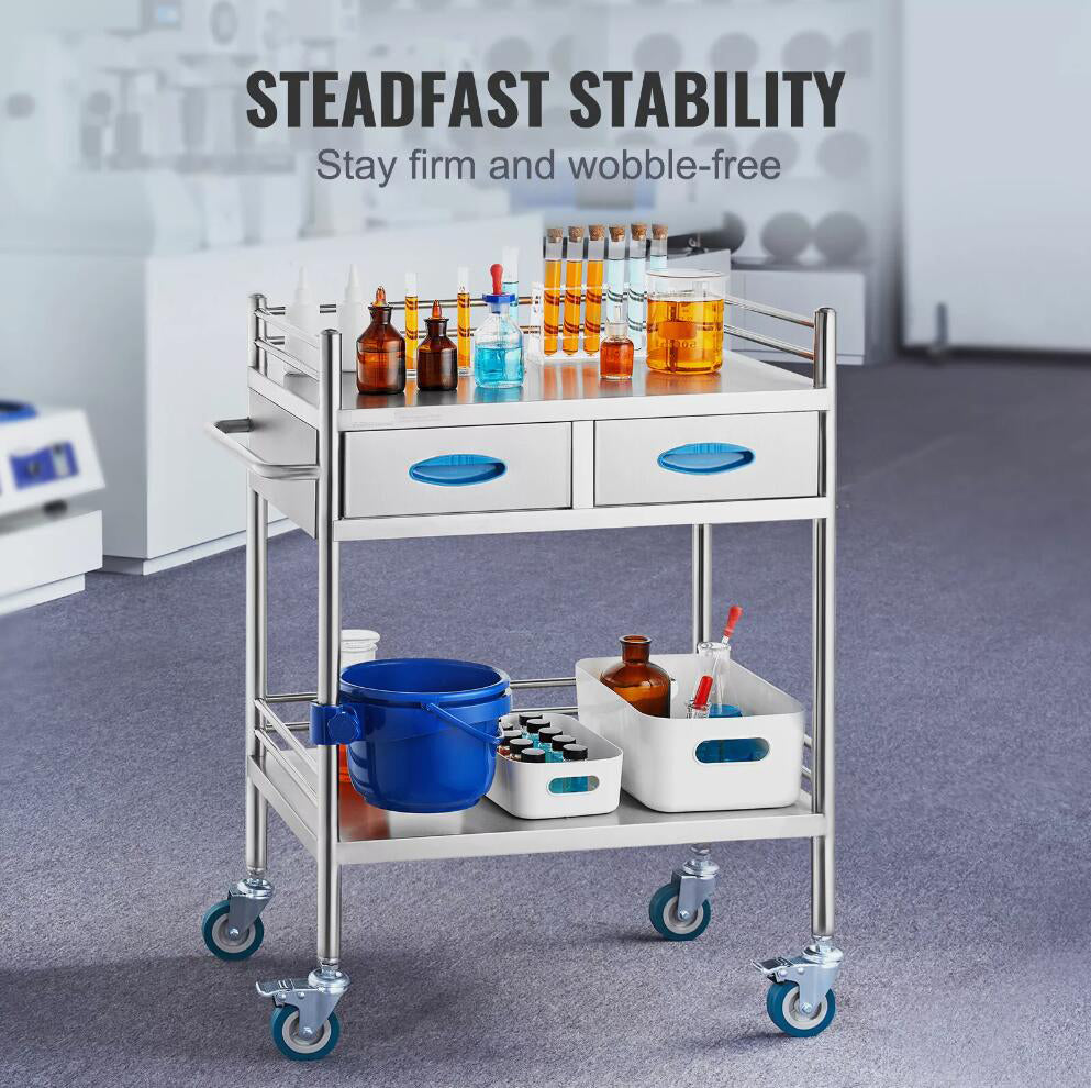 Stainless Steel Portable Medical Dental Lab Serving Cart Trolley With 2-Drawer NEW