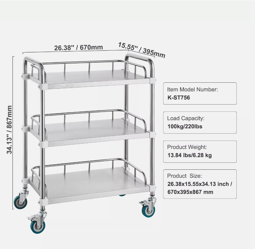 Heavy Duty 3-Layer Stainless Steel Lab Rolling Cart Medical Dental Lab Serving Cart AU