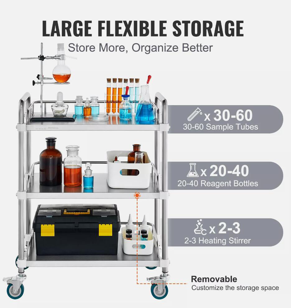 Heavy Duty 3-Layer Stainless Steel Lab Rolling Cart Medical Dental Lab Serving Cart AU