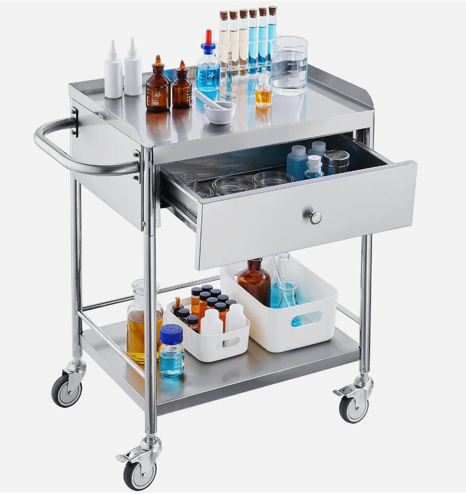 Heavy Duty Stainless Steel 2-Tier Cart Medical Dental Lab Serving Trolley With Drawer AU