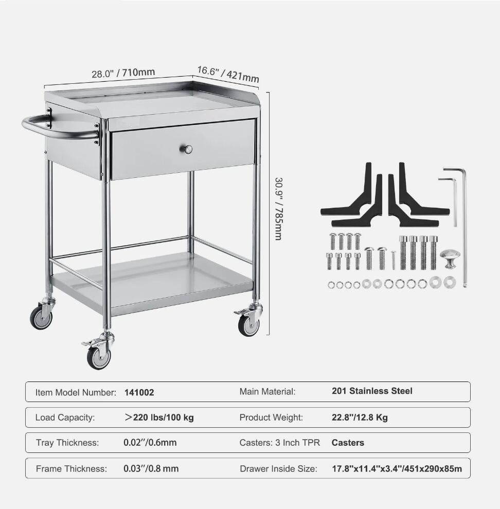 Heavy Duty Stainless Steel 2-Tier Cart Medical Dental Lab Serving Trolley With Drawer AU