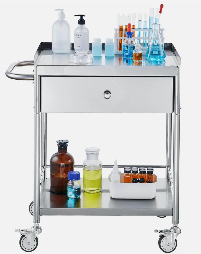 Heavy Duty Stainless Steel 2-Tier Cart Medical Dental Lab Serving Trolley With Drawer AU