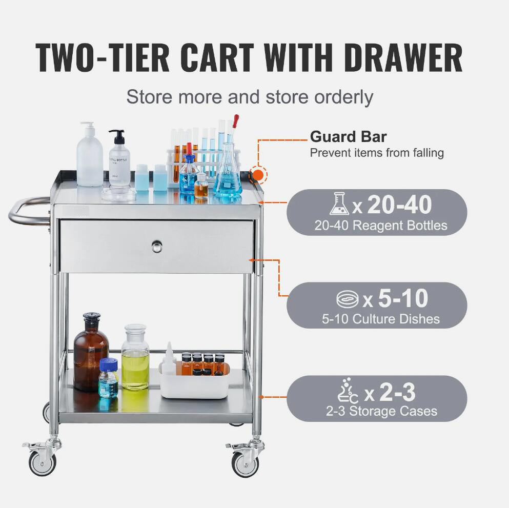 Heavy Duty Stainless Steel 2-Tier Cart Medical Dental Lab Serving Trolley With Drawer AU