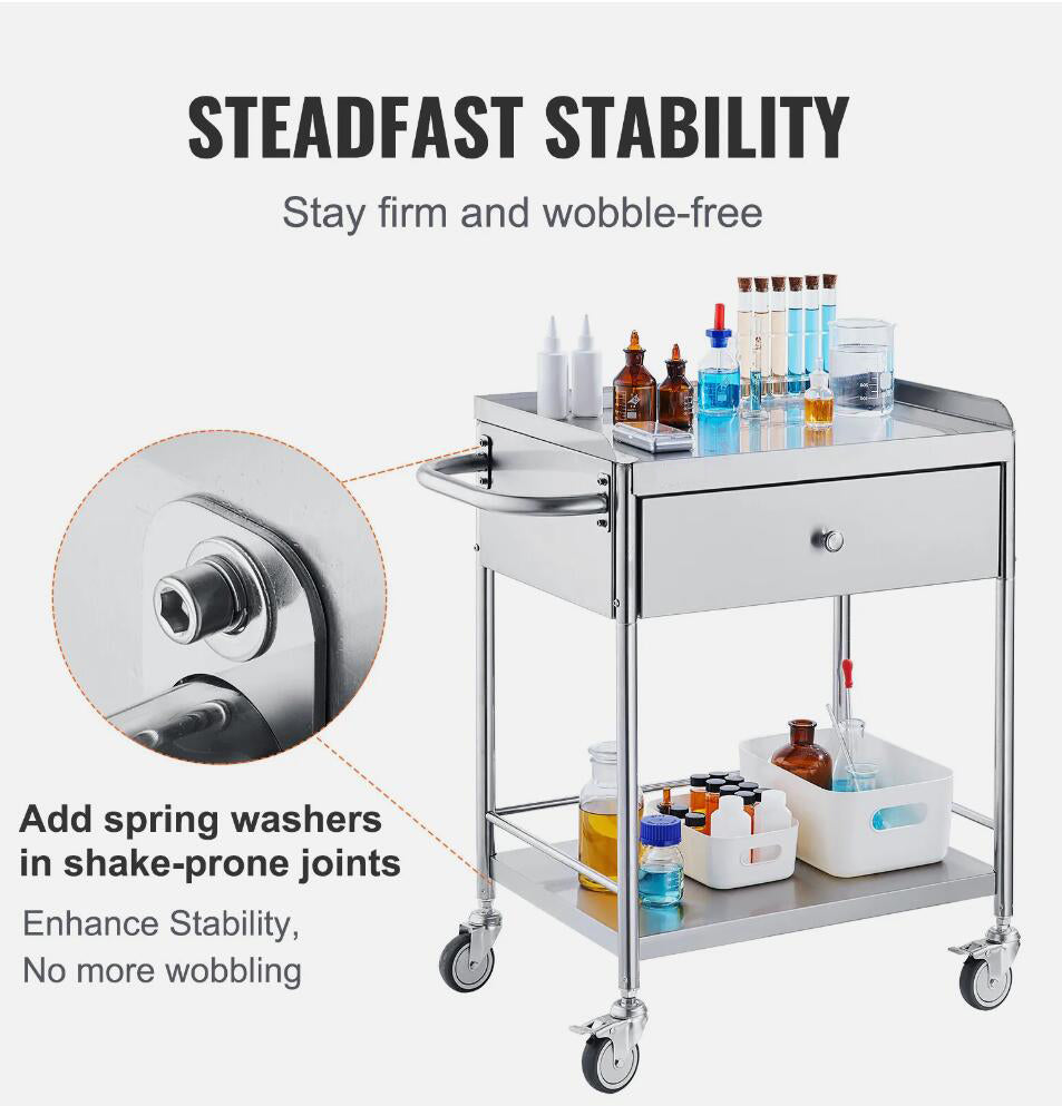 Heavy Duty Stainless Steel 2-Tier Cart Medical Dental Lab Serving Trolley With Drawer AU