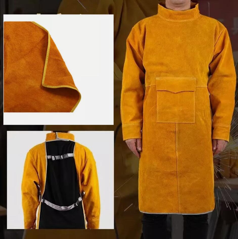 105cm Cowhide Leather Welder Apron With Sleeves For Spark Proof Heat Resistant