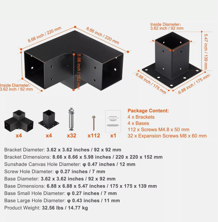 8PCS 4''x4'' Strong Pergola Bracket Kit inner 3.6x3.6 3-Way Woodworks DIY Post AU