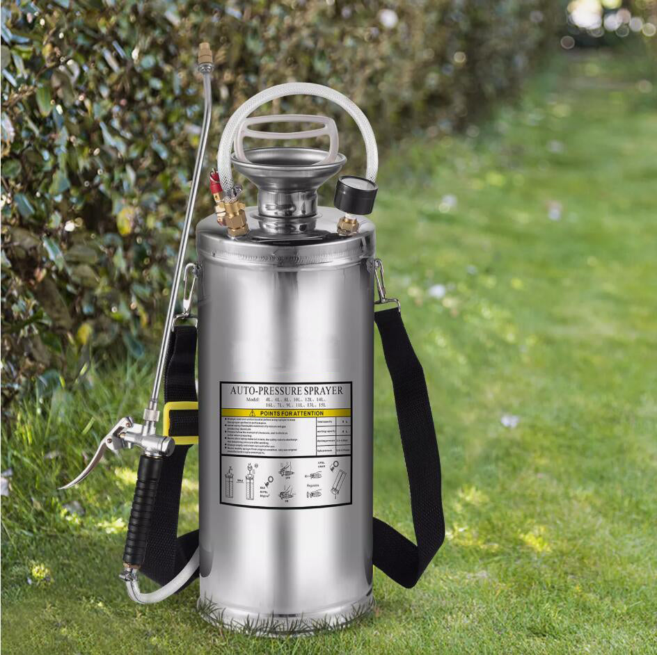 8L Durable Stainless Steel Garden Sprayer Manual Pressure Adjustable Nozzle With 1m Hose Fan