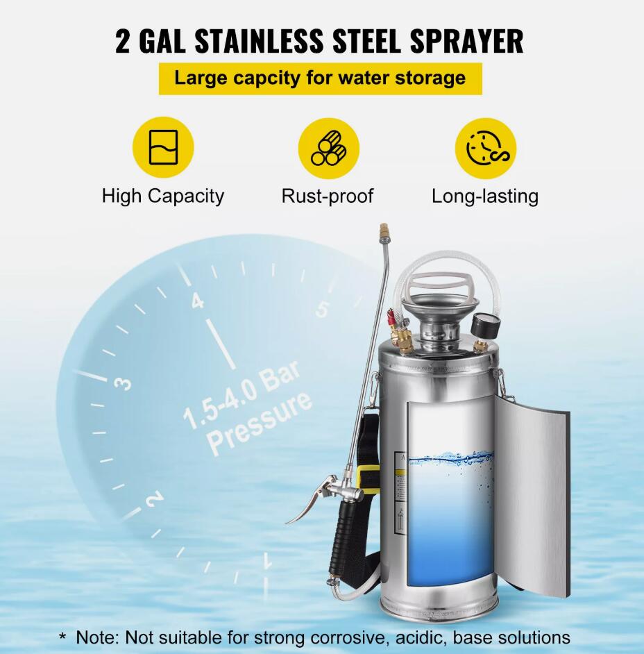 8L Durable Stainless Steel Garden Sprayer Manual Pressure Adjustable Nozzle With 1m Hose Fan