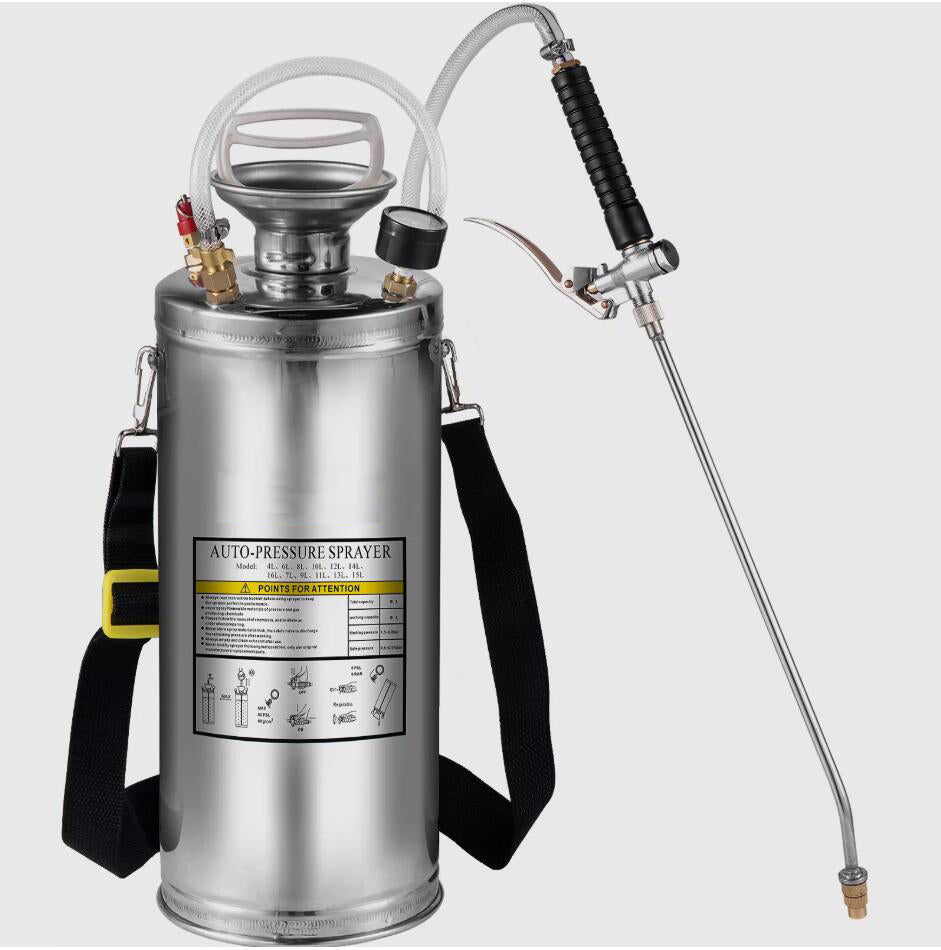 8L Durable Stainless Steel Garden Sprayer Manual Pressure Adjustable Nozzle With 1m Hose Fan